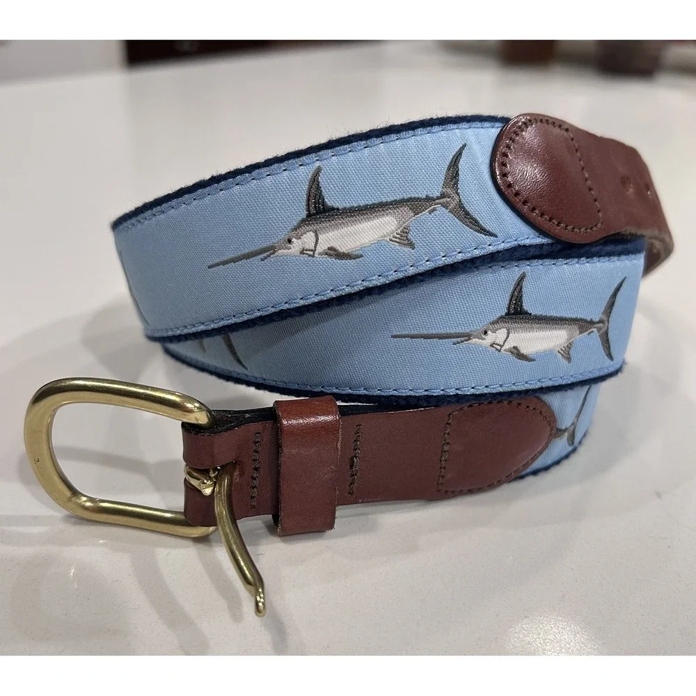 Leather Man LTD Belt Sword Fish Size 38 Blue Hand Made Essex CT Webbed Brass